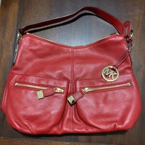 Michael Kors Red Pebbled Leather Hobo Shoulder Bag with Gold MK Charm